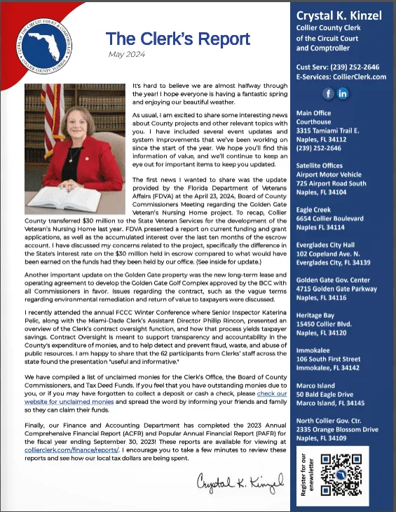 pdf c2 communication An image of a newsletter titled "The Clerk's Report" from May 2024. The left side features an introduction from Crystal K. Kinzel, including a photo of her in a red jacket. The right side provides updates, contact information, and office locations for Collier County's Clerk of the Circuit Court and Comptroller.